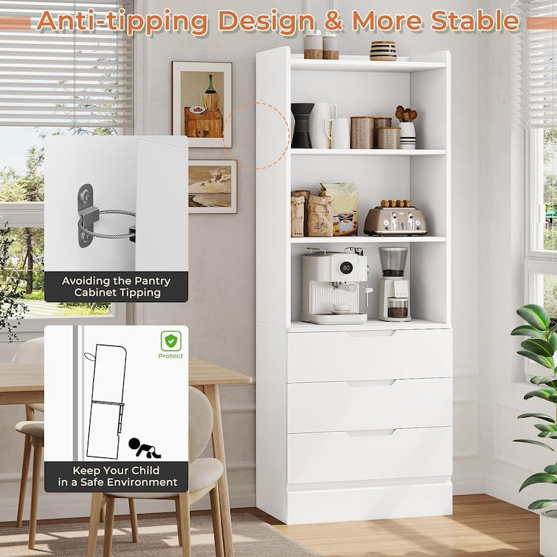 Kitchen Storage Cabinet Bookcase 3 Drawers Open Shelves