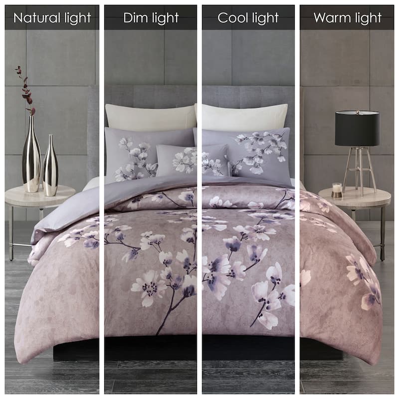 N Natori Sakura Blossom Lilac Cotton Sateen Printed Duvet Cover Set