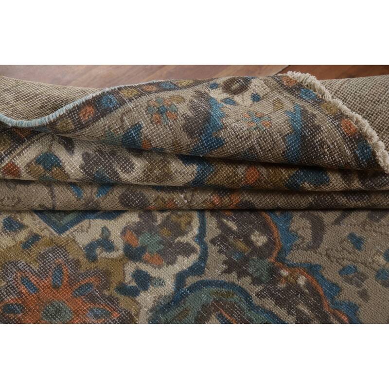 Distressed Tabriz Vintage Persian Rug Handmade Beige Wool Carpet - 6'5" x 9'3"