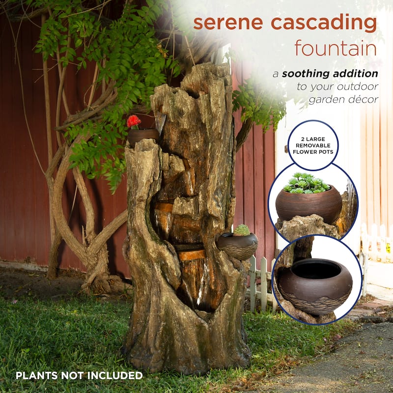 Alpine Corporation WIN1530 Indoor/Outdoor Floor Waterfall, Tree Trunk Fountain w/ LED Lights & 2 Flower Pots, 52", Brown