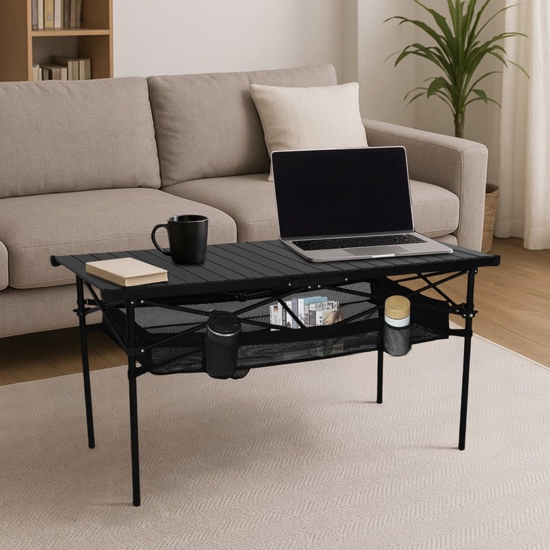 Lightweight Aluminum Camping Table with Roll-Up Top, Mesh Storage, Cup Holders & Carry Bag for Outdoor BBQ, Picnic, Sports