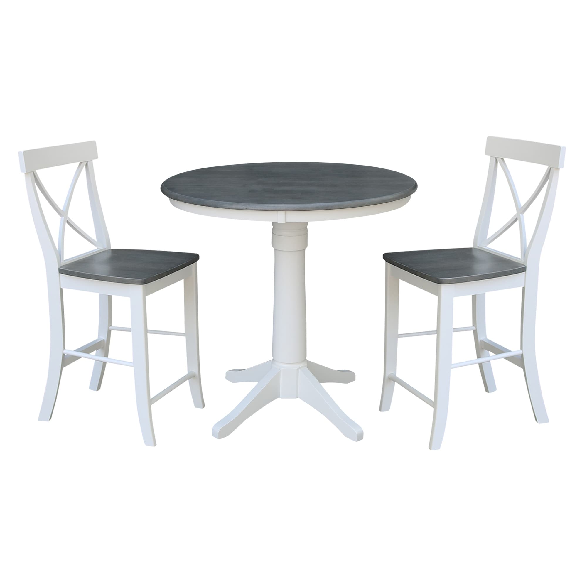 36" Round Pedestal Gathering Height Table With X-Back Counter Height Stools
