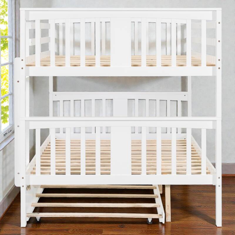 Full over Full Bunk Bed with Twin Trundle, Solid Wood Frame, Safety Guardrails & Ladder, Convertible into Two Beds