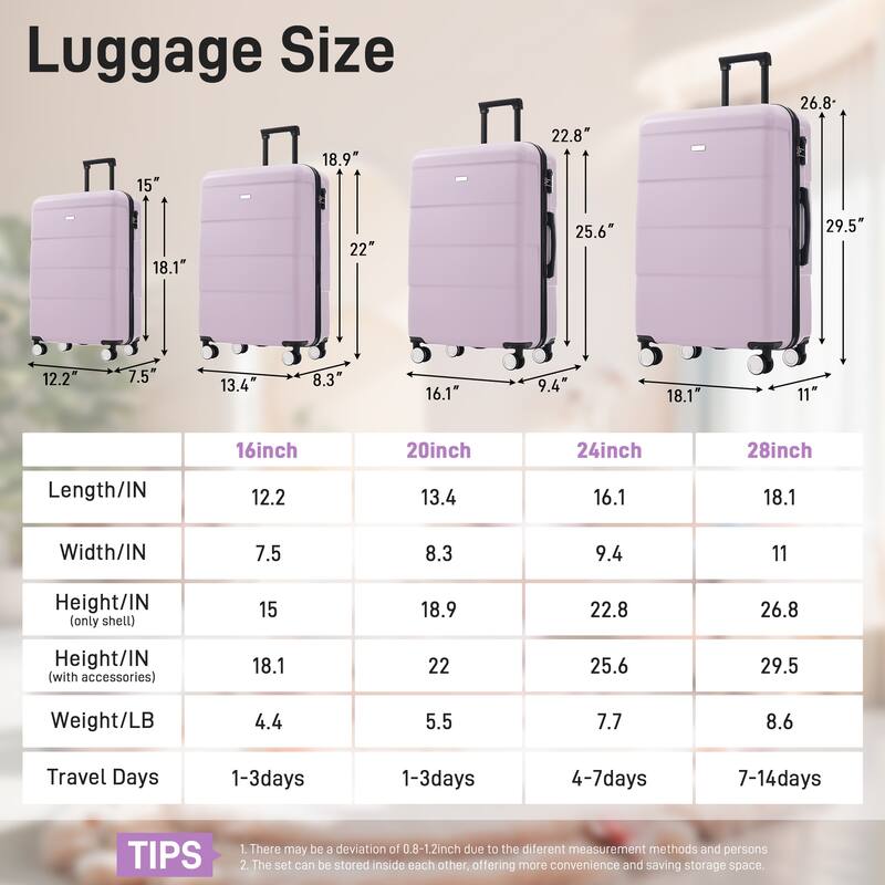 Hardshell Luggage Sets 4 pcs + Bag Spinner Suitcase with TSA Lock Lightweight-16IN 20IN 24IN 28IN Luggages