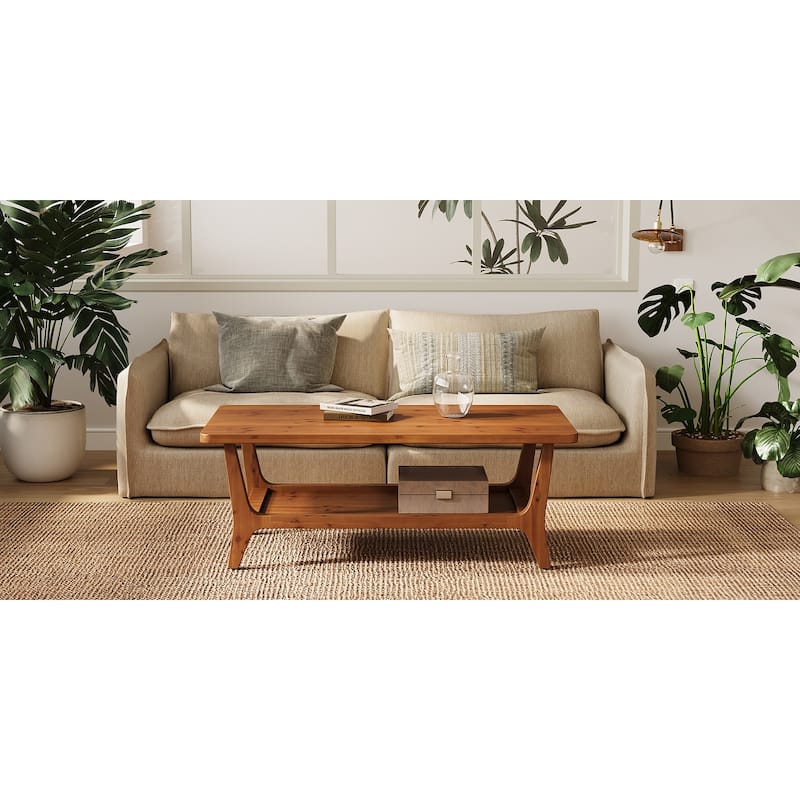 47'' Solid Wood Coffee Table with Open Storage Shelf, Mid-Century Rectangle Center Table