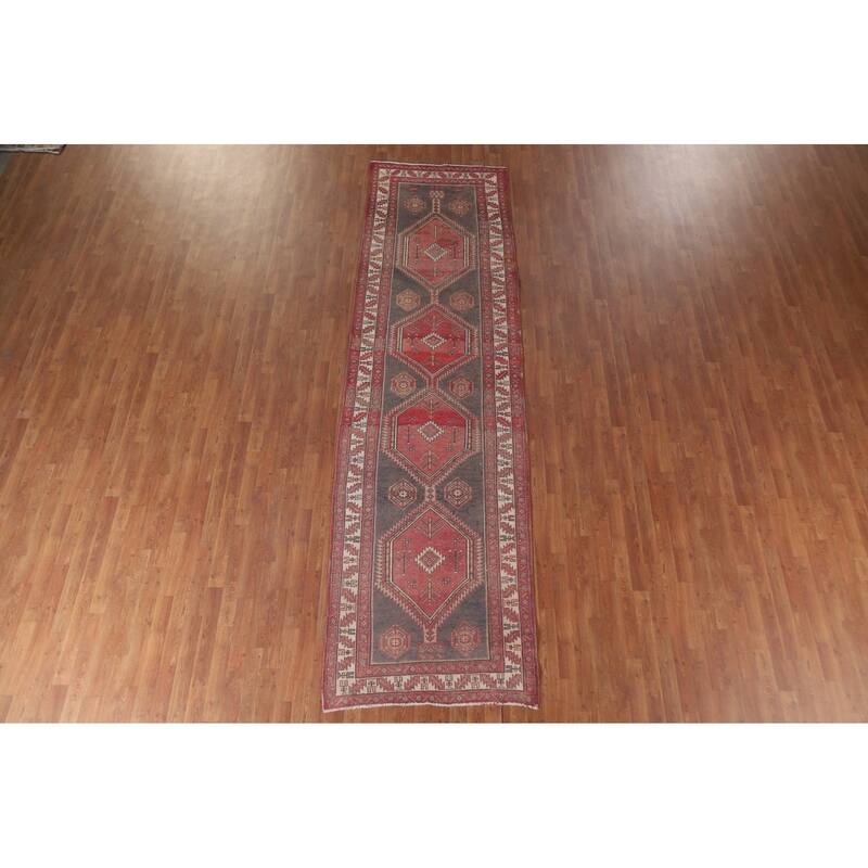 Hand Knotted Oriental 100% Wool Carpet Traditional Geometric Greys & Charcoal Ardebil Runner Rug - 12' 9'' X 3' 7''