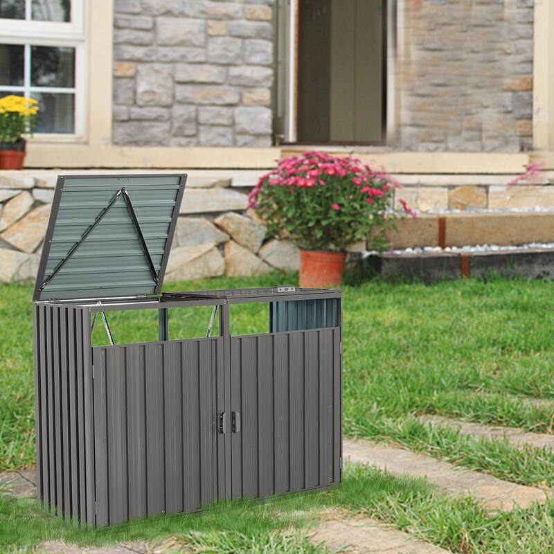 Anmytek Garbage Bin Shed Stores 2 Trash Cans Metal Outdoor Bin Shed for Garbage Storage,Stainless Galvanized Steel, Bin Shed - Grey