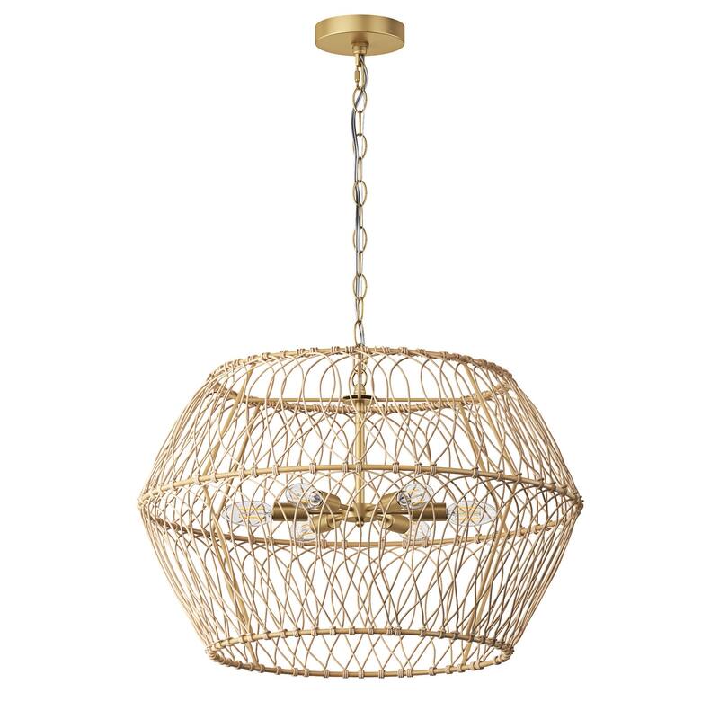 Vintage Gold 6-Light Geometric Handwoven Rattan Pendant Light Fixture