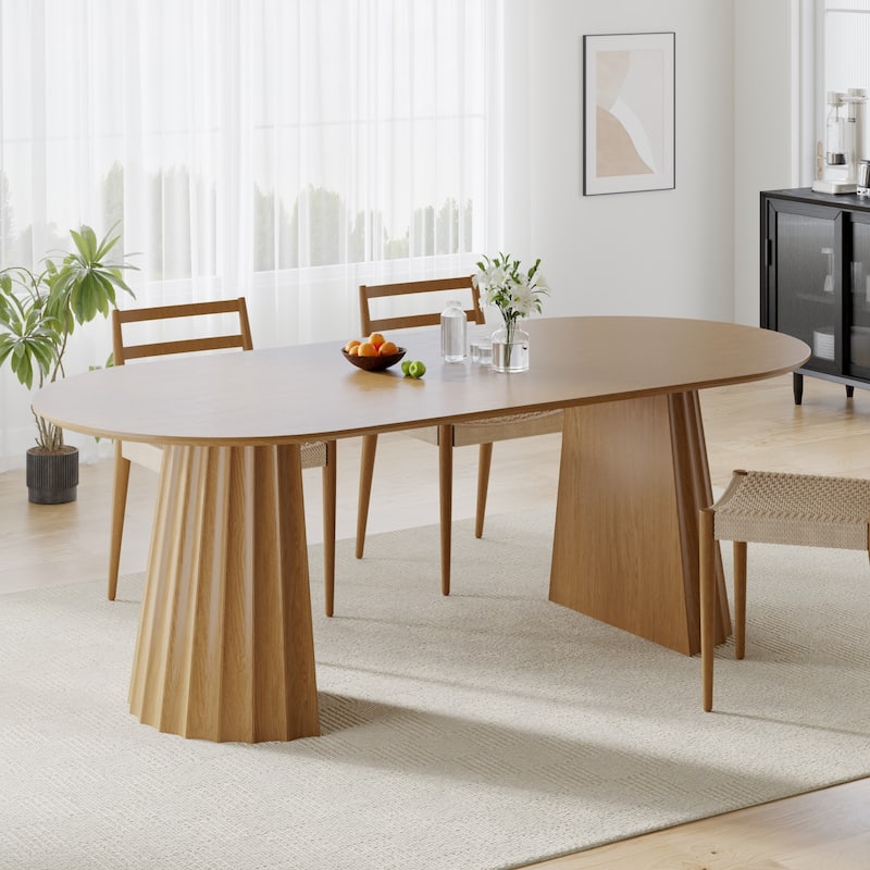 Modern Oval Wooden Dining Table - 79" Large Size, Sturdy Fluted Base, Natural Oak Finish for Dining Room