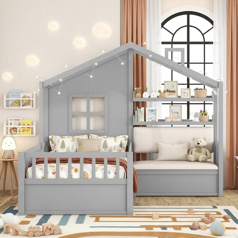 Twin House Bed with Cozy Sofa by Harper&Bright Designs - Grey