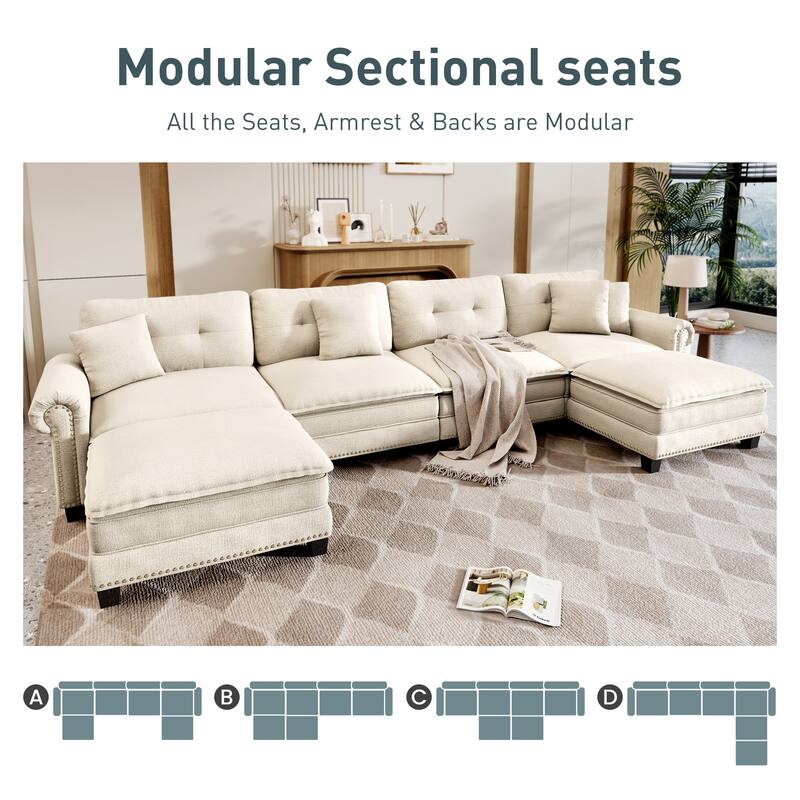 MAISON ARTS Mid-Century Modern Oversized L/U Shaped Cloud Couch with Ottoman, Deep Seat Sectional Sofa with Throw Pillows