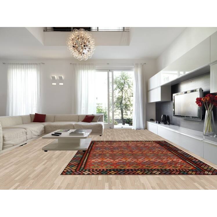 Reversable Kilim Oriental Area Rug Hand-Woven Orange Wool Carpet - 9'11"x 13'0"