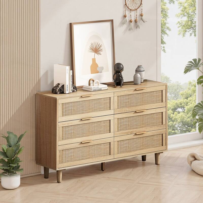 6-Drawers Rattan Storage Cabinet Rattan Drawer - Natural - 51.18" Rectangular