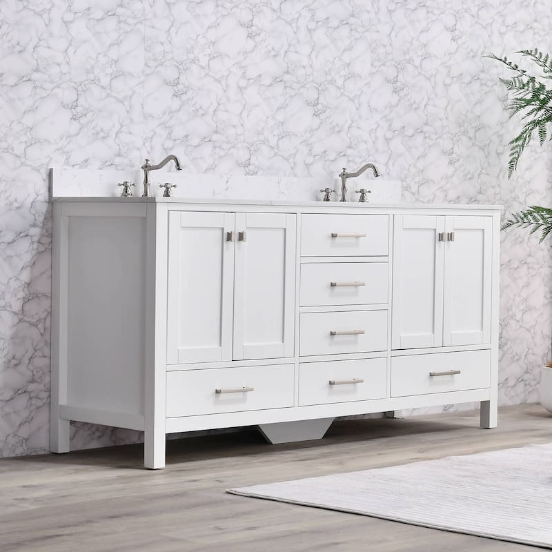 Prismatica 72 in. White Vanity with Countertop & Splash, Double Sinks