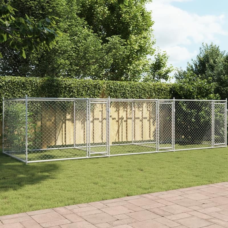 vidaXL Dog Cage Grey Galvanized Steel Durable Dog Cage - Grey - 3 doors - 19.7' x 6.6' x 4.9' ft