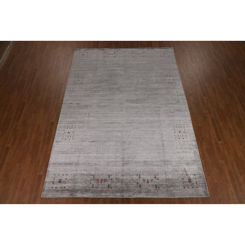 Hand Knotted Oriental Viscose Silk Carpet Tribal Animal Pictorial Greys & Charcoal Gabbeh Area Rug - 11' 6'' X 7' 11''