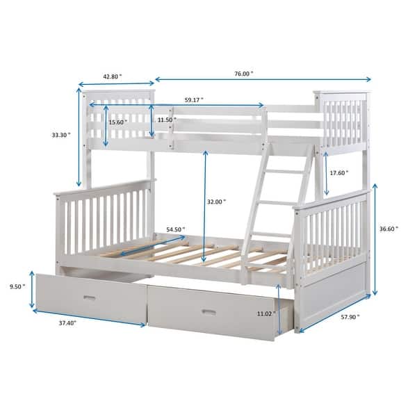 Twin Over Full Bunk Bed with Storage Drawers, Solid Pine Wood Construction, and Safety Guardrails