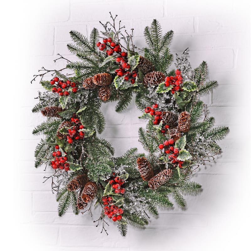 24" Ice/Sequin Pine Berry Holly Wreath