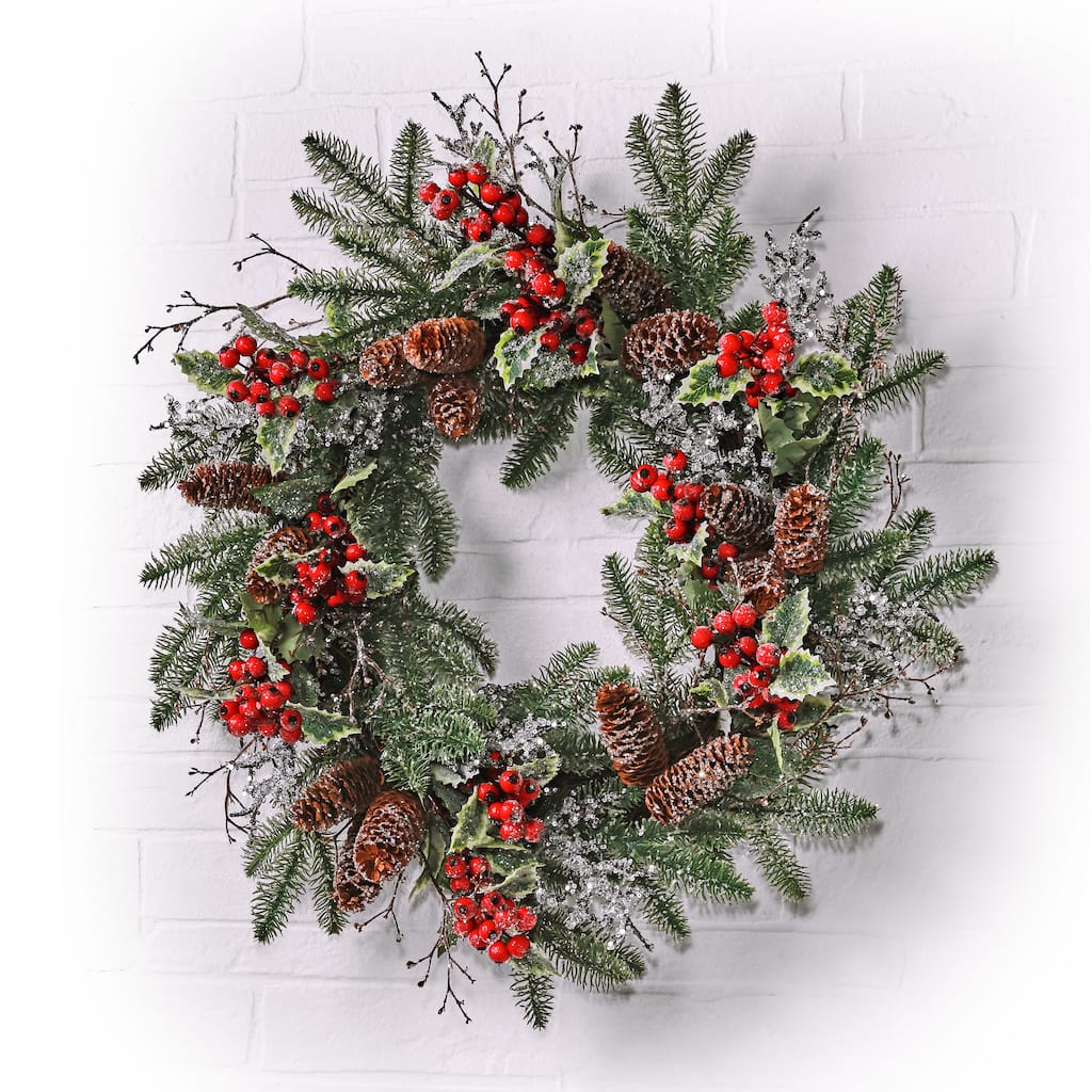 24" Ice/Sequin Pine Berry Holly Wreath