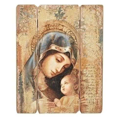 26" Beige and Blue Madonna with Child Panel Christmas Wall Decor