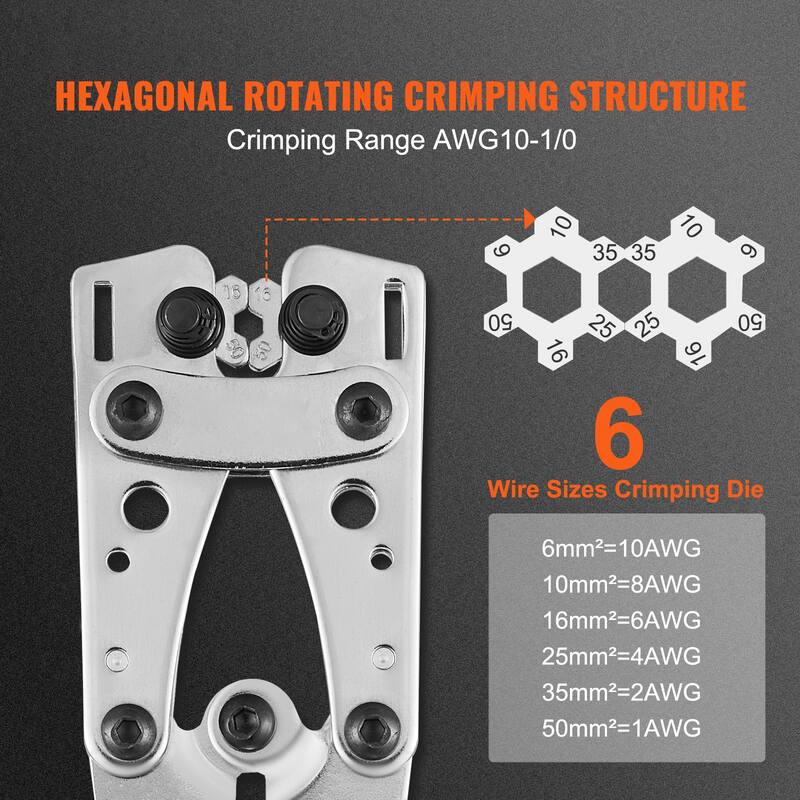 Battery Cable Lug Crimping Tool, 10-1/0AWG with Cable Cutter and 48PCS Copper Ring Terminals, 6 Wire Sizes Crimping Die