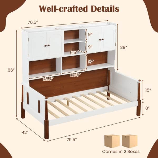 Twin Bed with Bookcase with Shelves and Wooden Slat Support No Box Spring Needed for Living Room Bedroom-White