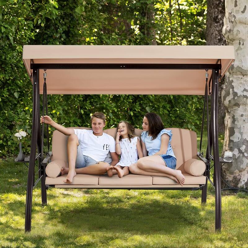 Outdoor 3-Seat Porch Swing with Adjustable Canopy & Cup Holder,Porch Swing Glider Chair, Heavy-Duty Steel Frame