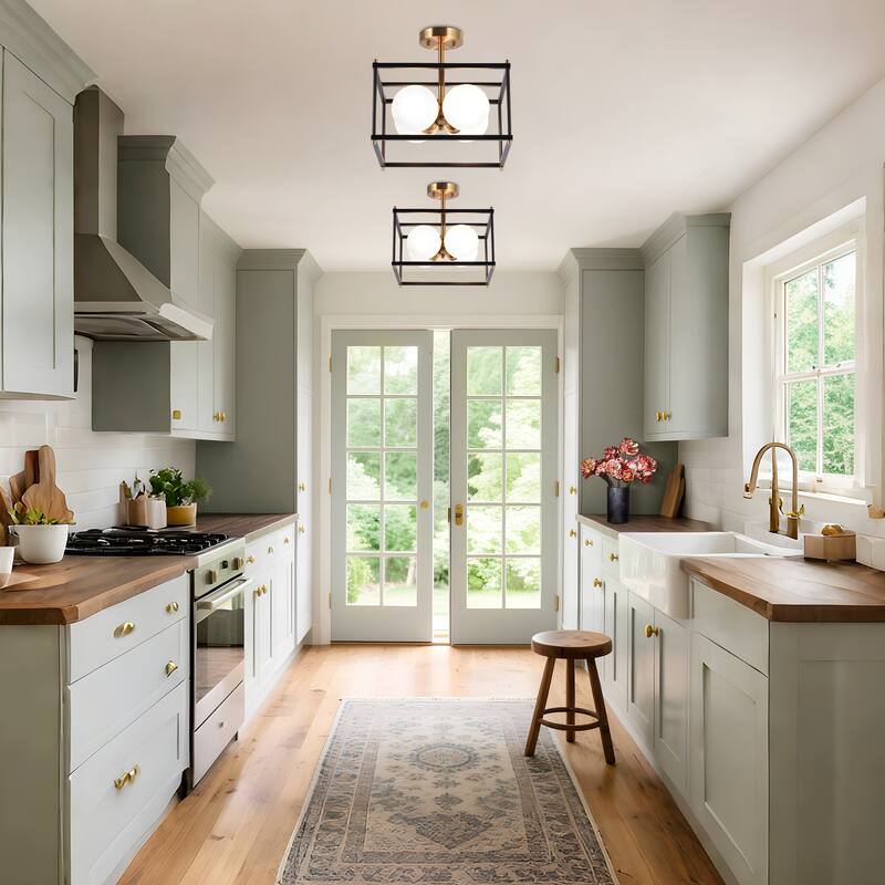 Modern 4-Light Black Gold Chandelier Square Semi Flush Mount Frosted Glass Ceiling Light for Kitchen - L13.5" x W13.5" x H13.5"