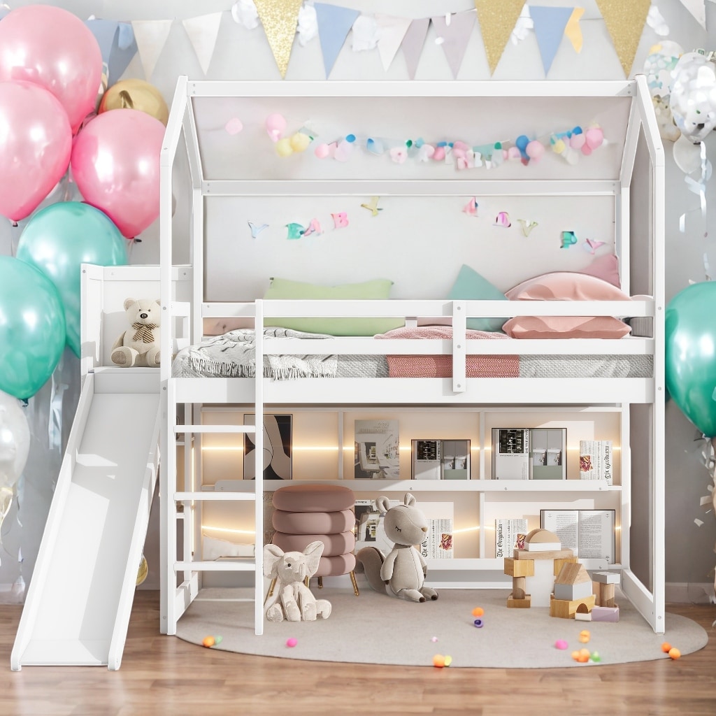Modern 3 Beds In 1 Twin Size Wood House Loft bed With Slide Storage Shelves And Light On Sale Bed Bath Beyond 40658265