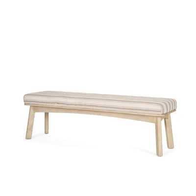 Taimo White Washed Light Brown Wood w/ Striped Fabric Seat Bench - 62.2L x 17.0W x 19.3H