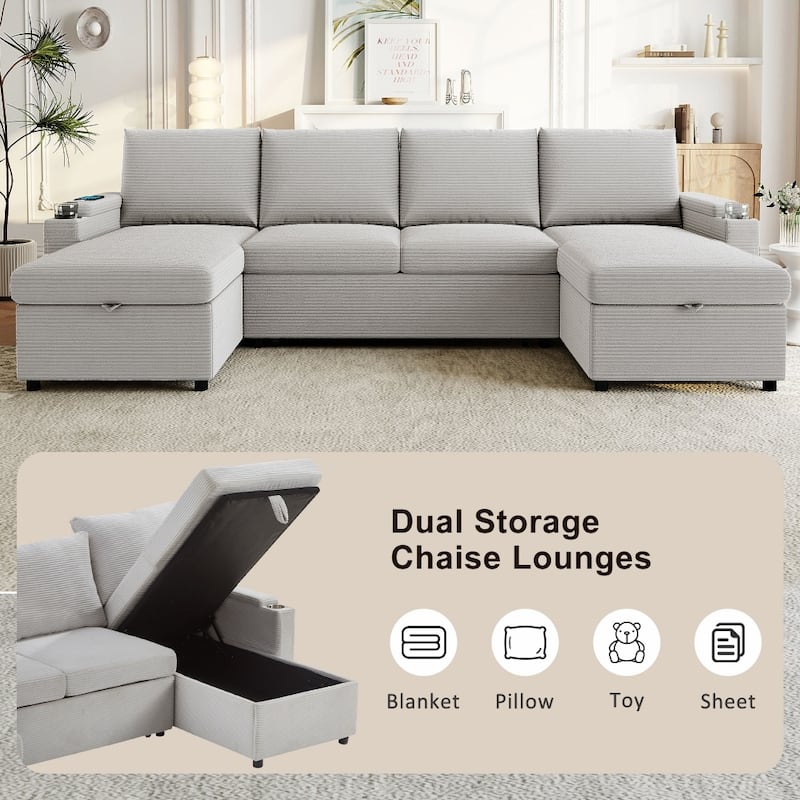 109.5" Convertible Upholstered Sectional Sofa with Storage Chaise Lounges