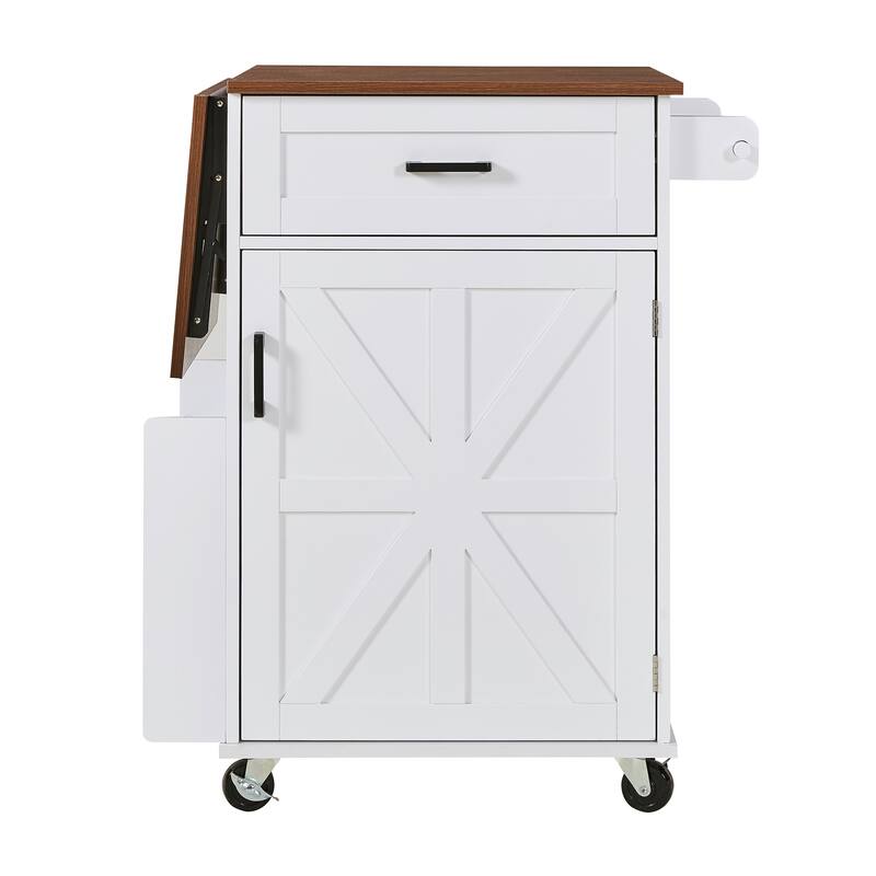 Farmhouse Rolling Kitchen Island with Drop Leaf, Kitchen Storage Cart with Drawer, Open Side Rack and Towel Rack,