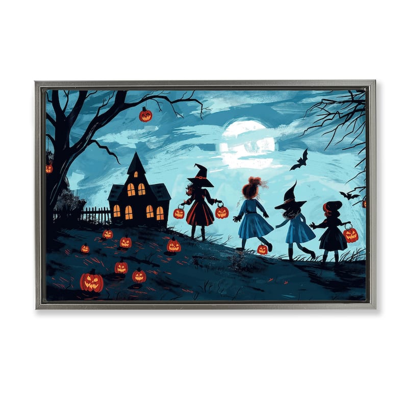 Stupell Witch Trick Or Treaters Framed Floater Canvas Wall Art Design By Wumples - 25 x 17 - Grey