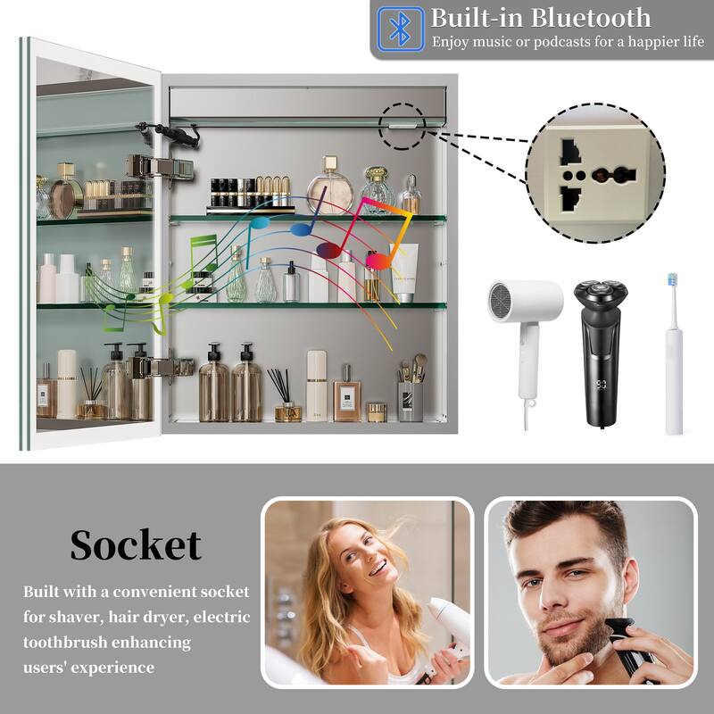 Mildewproof Aluminum Frame Bathroom Mirror Medicine Cabinet with Socket, Bluetooth Player