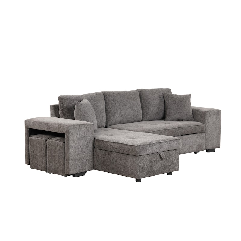 104.5" Charcoal L-Shaped 3-Seater Convertible Sofa with Pull-Out Bed, Storage Chaise, and 2 Convenient Stools for Living Room