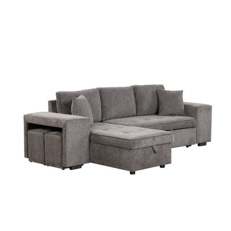 104.5" Linen L-Shaped Sectional Sofa with Pull-Out Bed and Storage Chaise, Includes 2 Stools