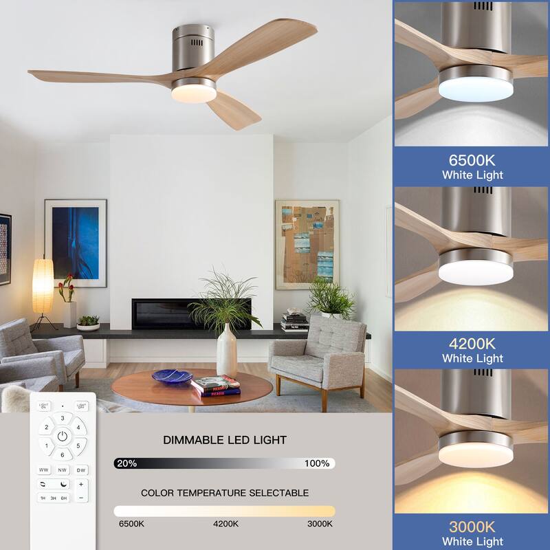 52In. Farmhouse Indoor Flush Mount Low Profile Ceiling Fan with Solid Wood Blades and Remote Control