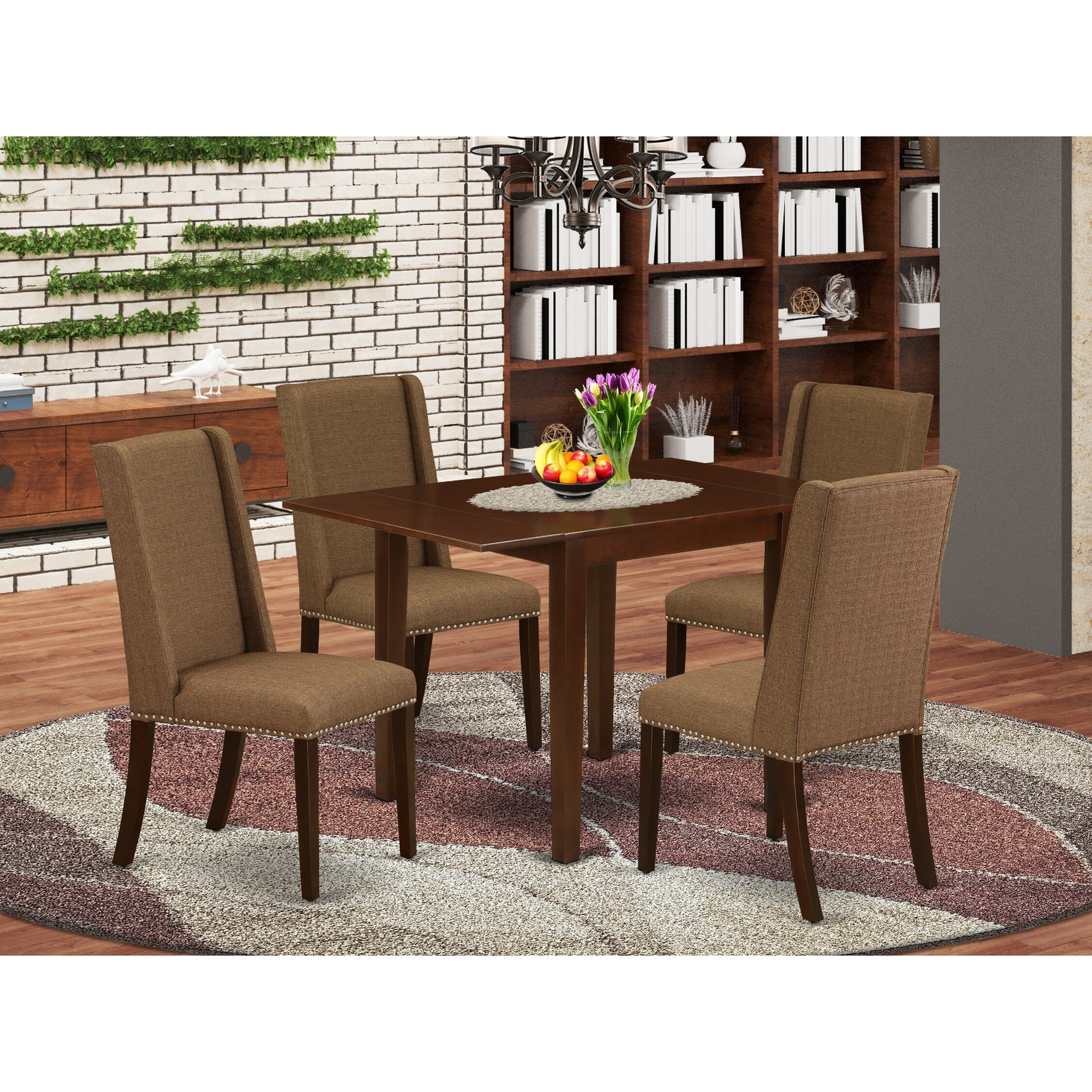 ndfl5lwh01 5pc small dining table set 4 parson chairs and drop leaf  dining room tablehigh back  linen white finish