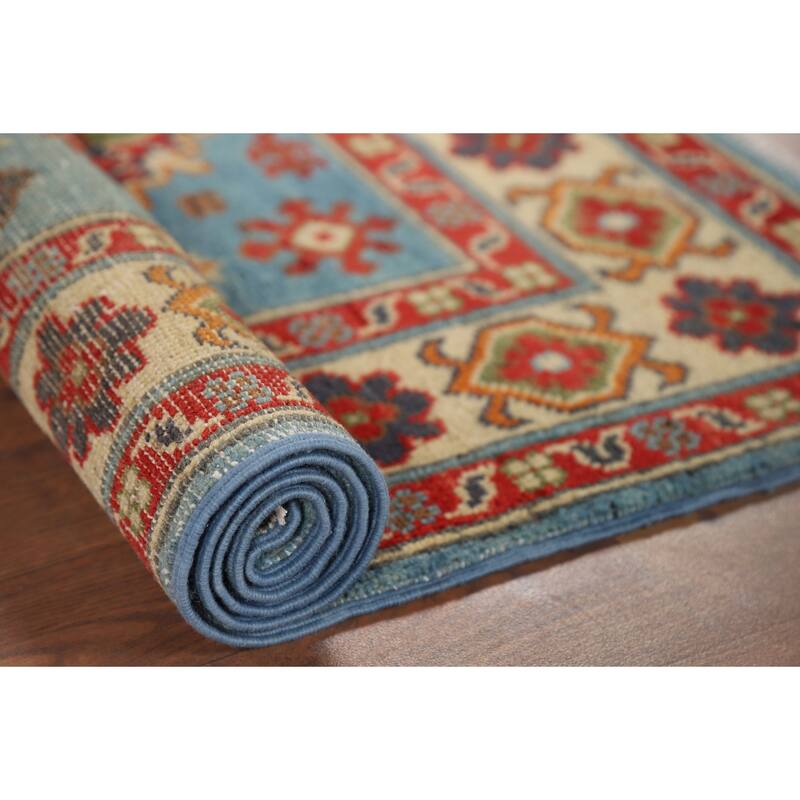 Light Blue Geometric Kazak Rug Hand-Knotted Oriental Wool Carpet - 2'8" x 3'11"