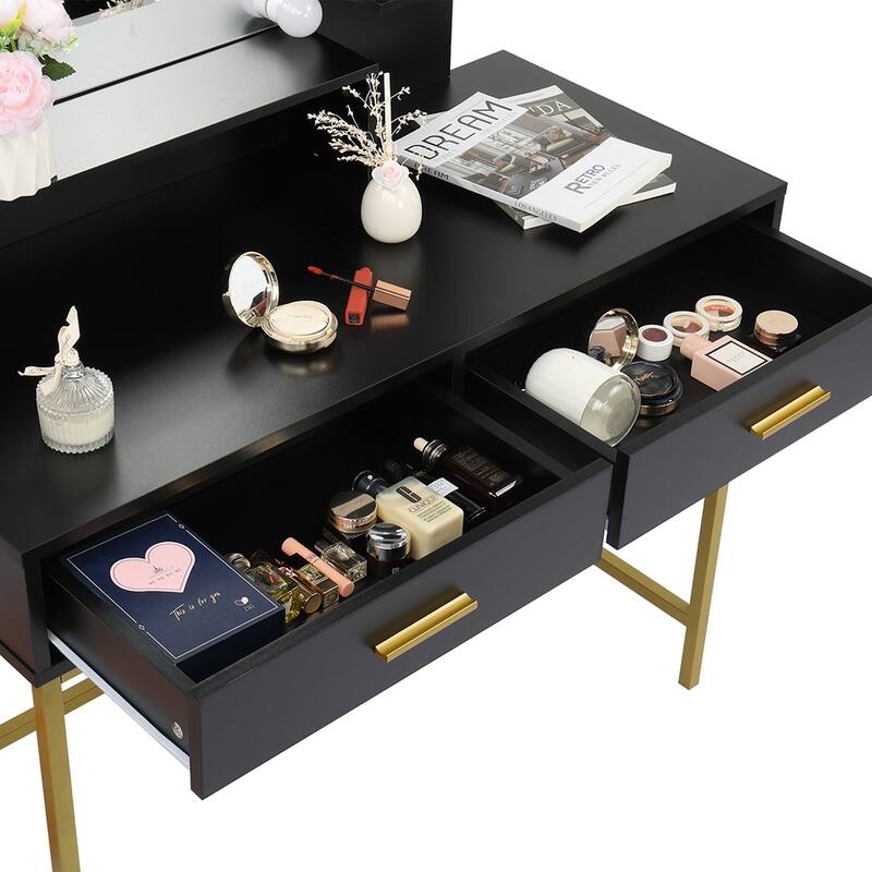 Vanity Set with Cushioned Stool 10 LED Bulbs 3 Shelves and 2 Drawers