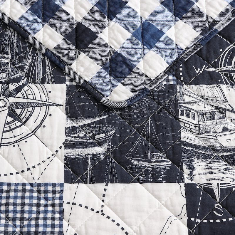Nautica Sailors Patchwork Blue Cotton Reversible Quilt Set