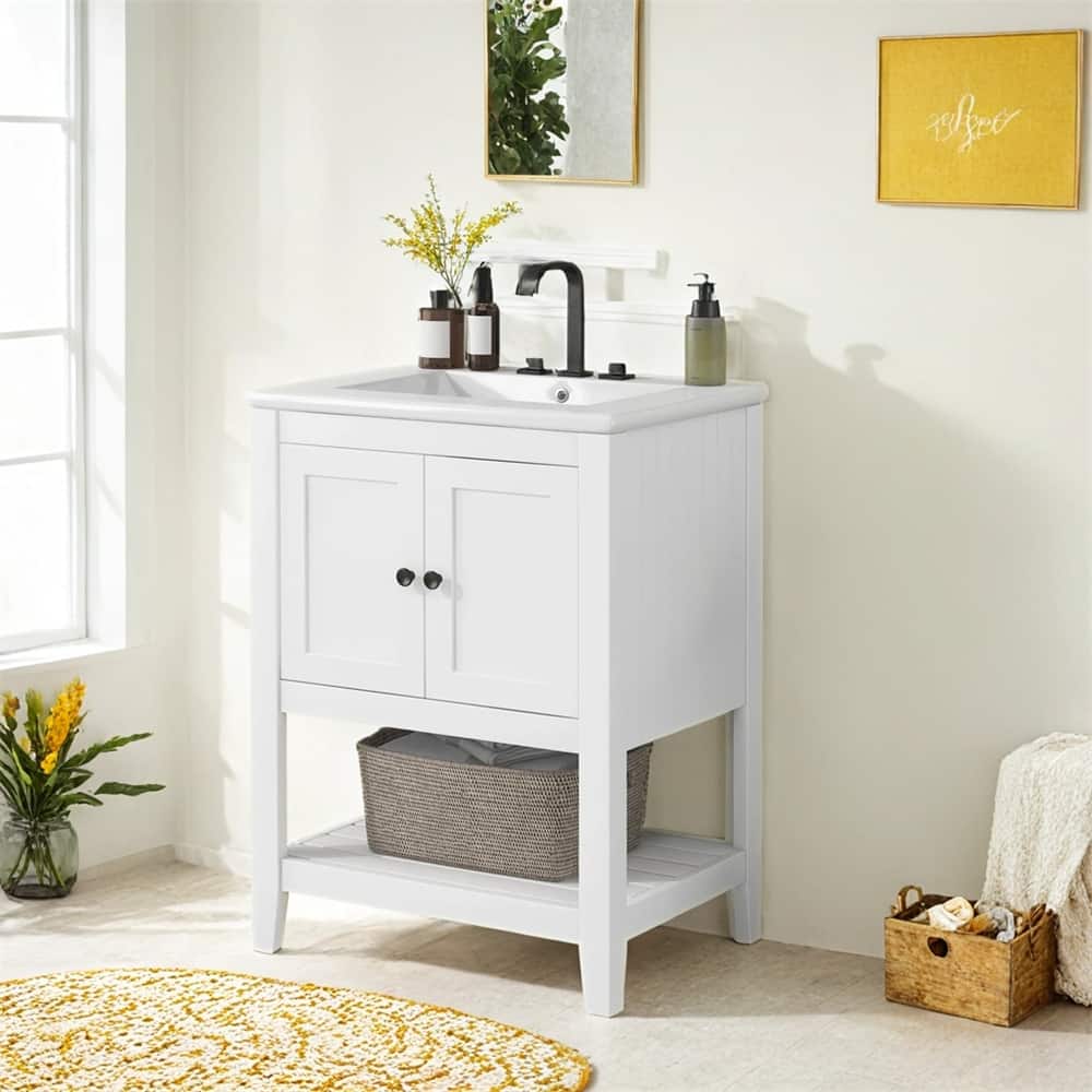 24" Sleek Bathroom Vanity Elegant Ceramic Sink with Solid Wood Frame