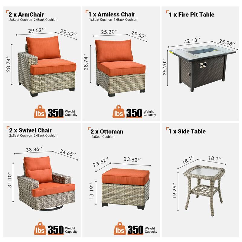 OVIOS 9 Pieces T shaped Seat Wide Armrest Swivel Chair Set With Fire Pit