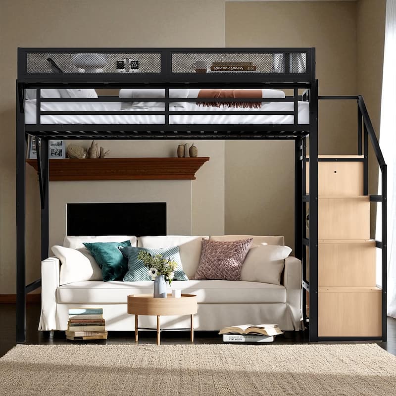 Metal Loft Bed Twin XL/Full/Queen with Storage Stairs, Built-in Wardrobe, USB Ports and LED Lights