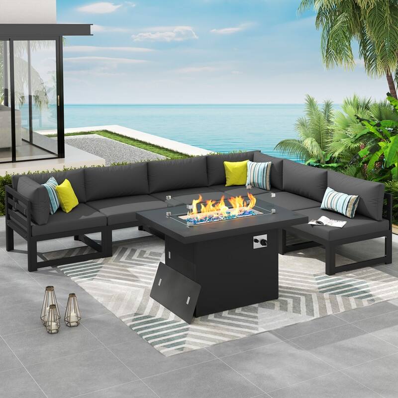 7 Piece Aluminum Patio Furniture Set with Fire Pit Propane/Gas, 29 inch Deep Wide Seat Aluminum Outdoor Sectional - Gray Frame - Dark Gray