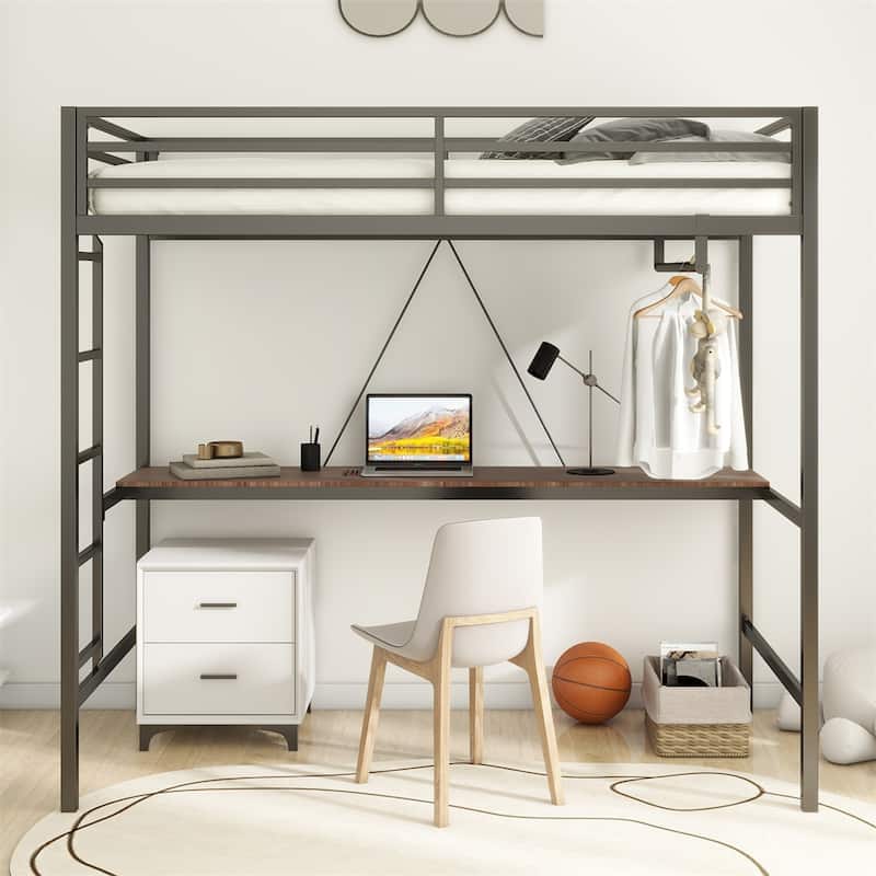 Sturdy Twin Loft Bed Black with Cinnamon Wood Desk and Closet Rod