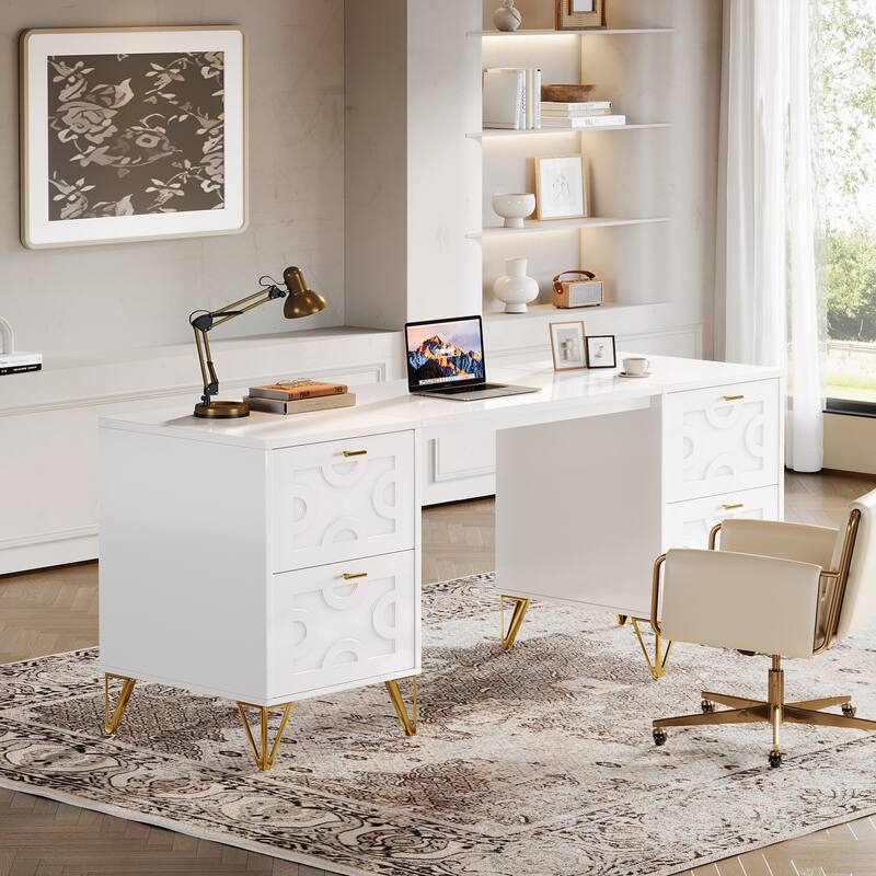 Modern Computer Desk Study Writing Table with File Drawers - White+Gold