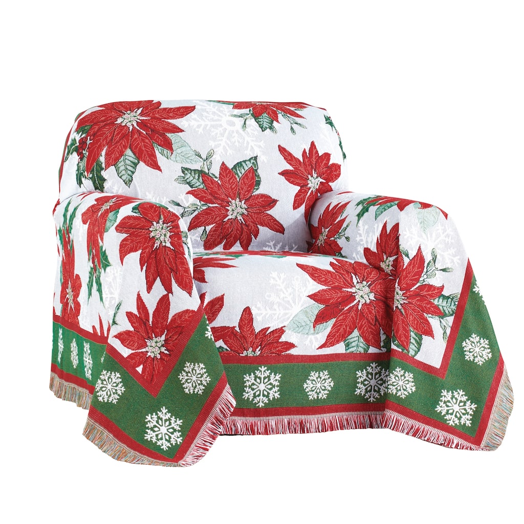 Festive Poinsettia Fringe Border Tapestry Furniture Throw