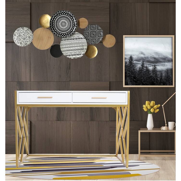 Modern Glossy Writing Desk In White/ Gold