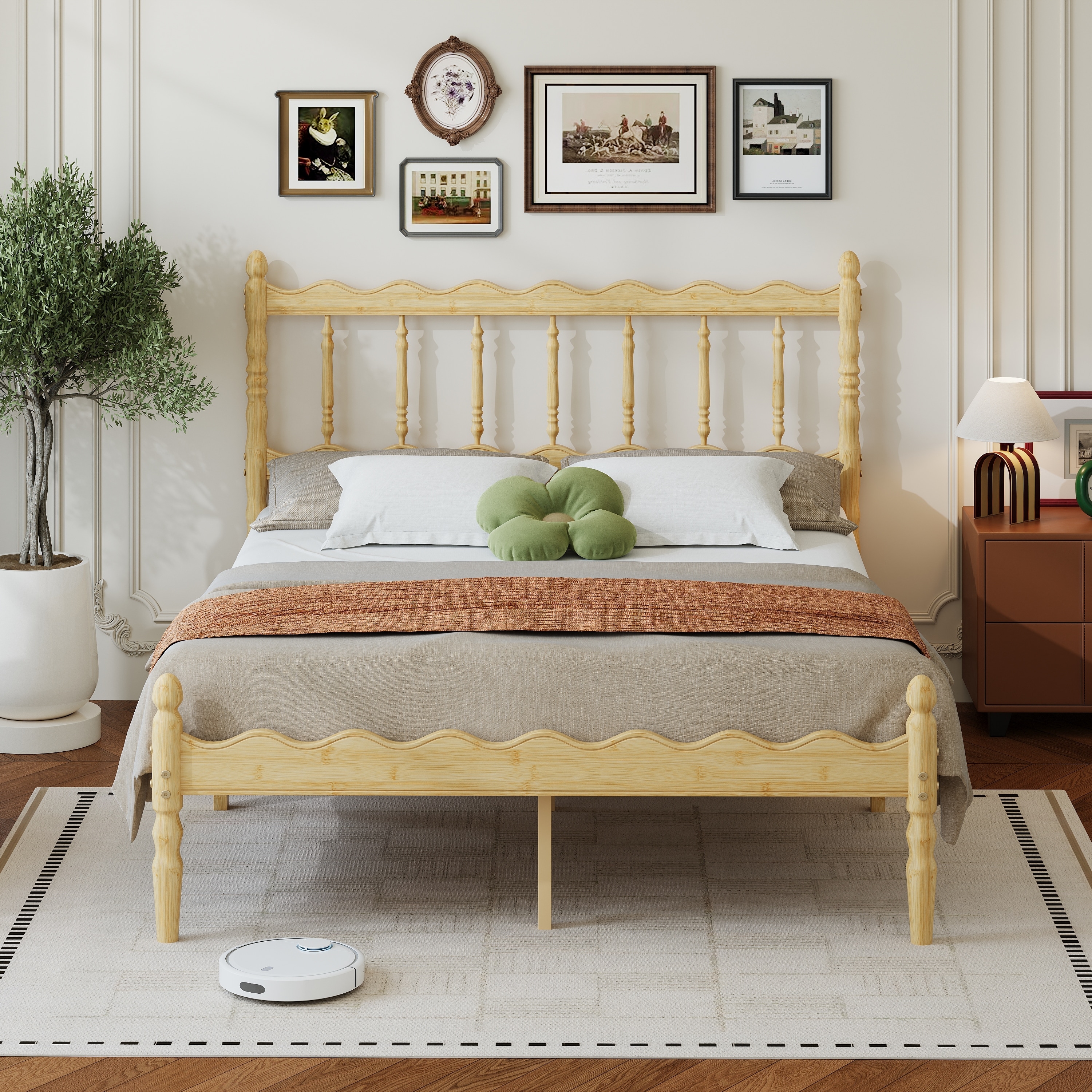 Bamboo Wood Platform Bed Frame with 43" Wavy Headboard,No Box Spring Required, Easy to Assemble
